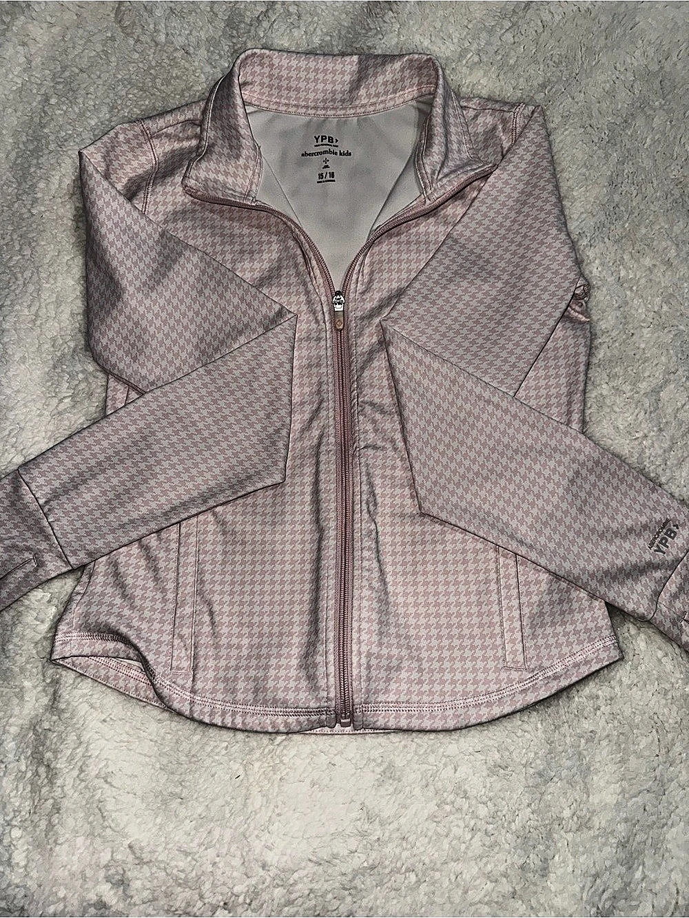 Abercrombie Kids YPB Mockneck Full-Zip Girls 15/16 Pink Houndstooth Jacket